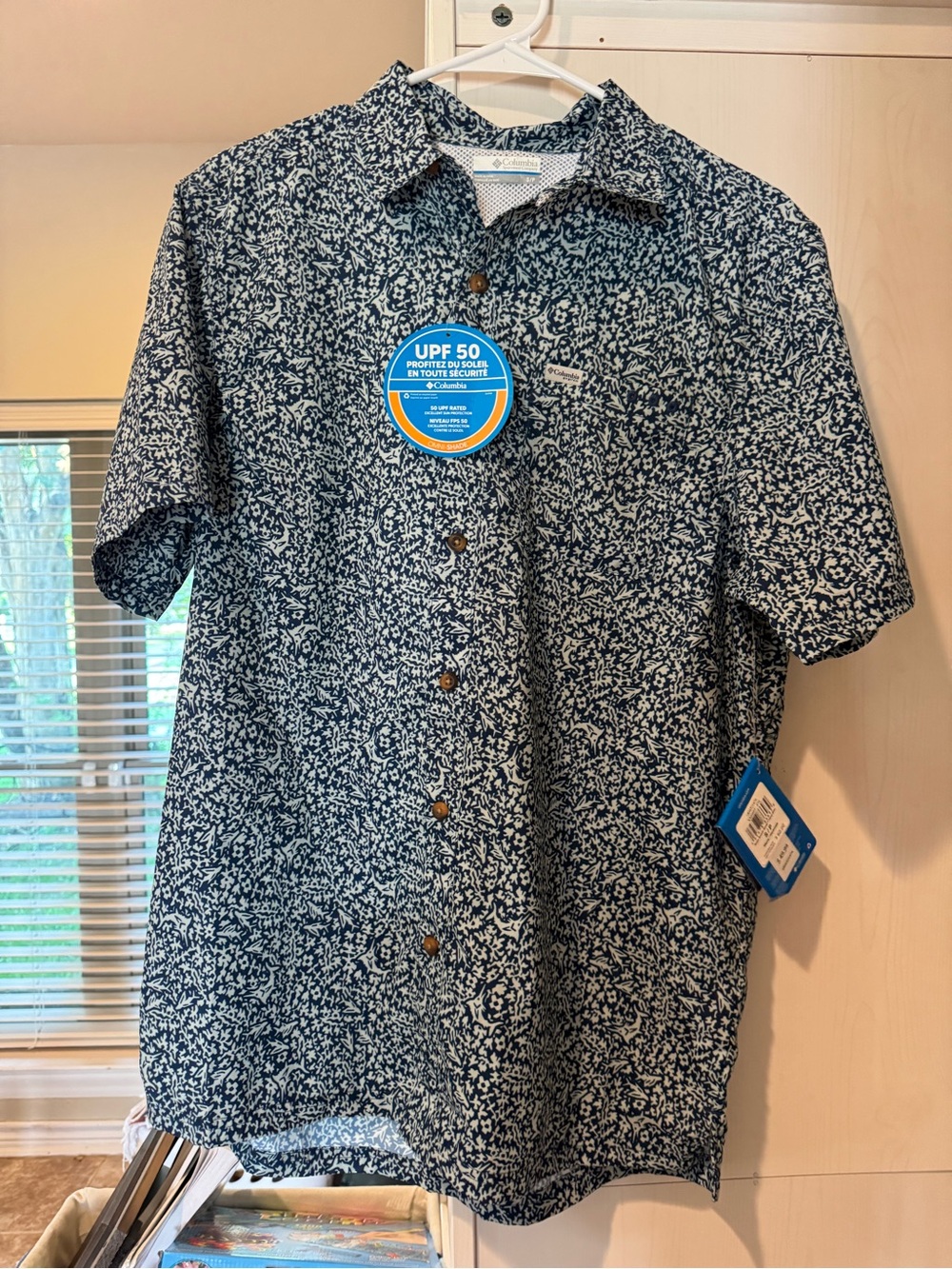 Columbia Navy and White Floral Short-Sleeve Button-Up Shirt